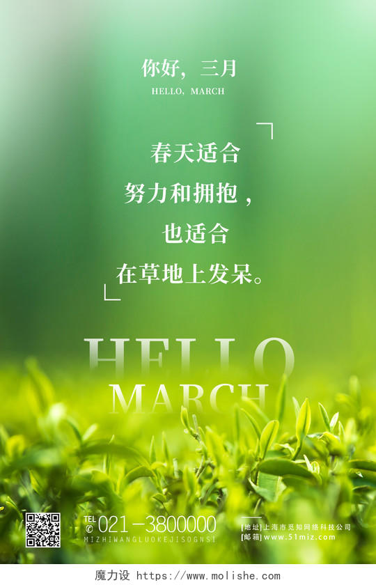 绿色简约3月你好你好三月三月你好海报